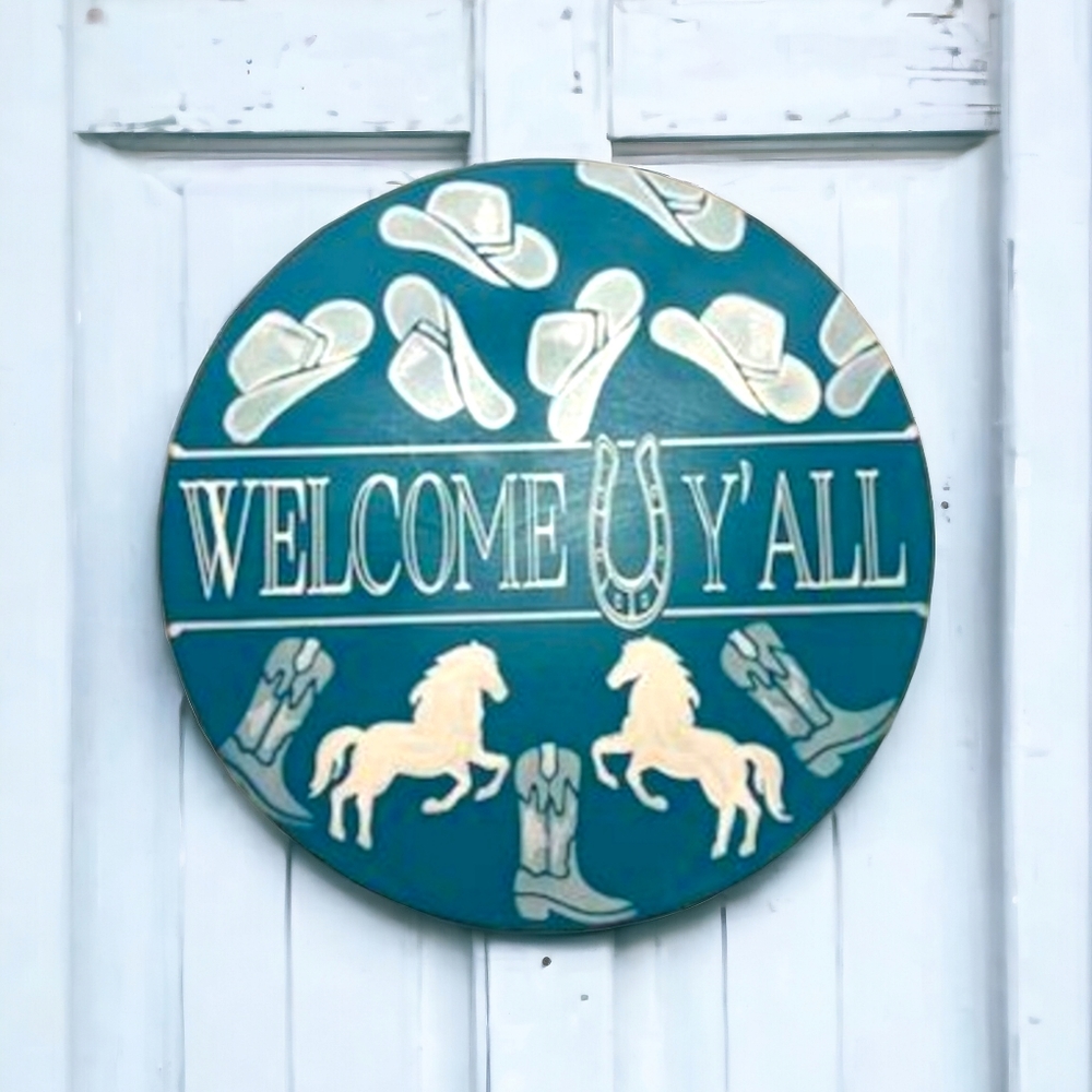 Welcome Y'all: with Cowboy hats, horses, boots.  Hand-painted Sign
